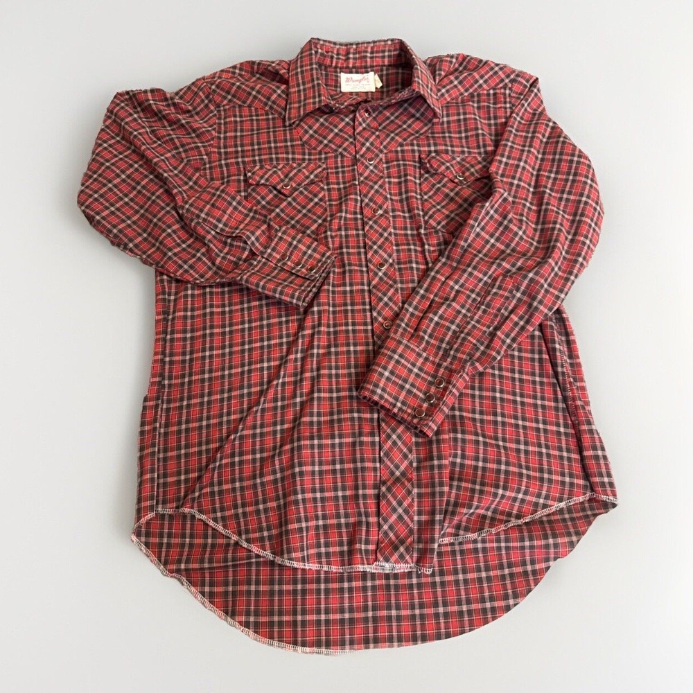 Vintage Wrangler Pearl Snap Button Up Plaid Shirt Single Needle Tailoring 17x34